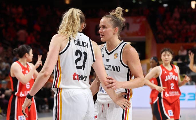 Marie Guelich talks with Leonie Fiebich: Upper Body Workout, Basketball, FIBA World Cup, Women s World Championship, 2026-2027 Season, May 9, 2026, DBB, Germany (GER) vs. Japan (JPN)
