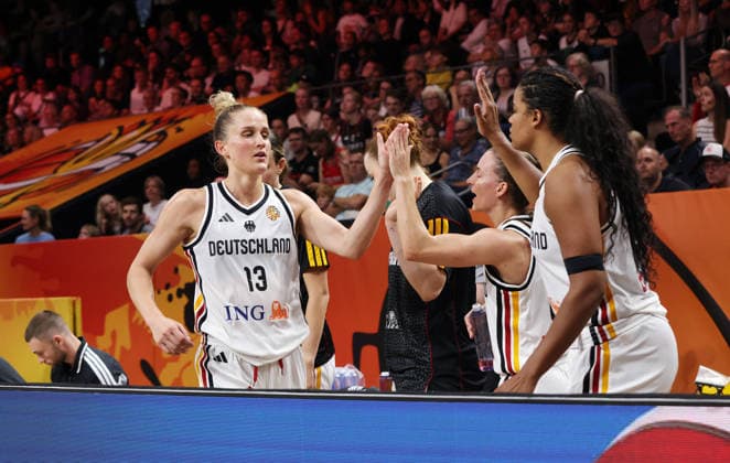 Leonie Fiebich high-fives Nyara Sabally Action Upper Body Sports Basketball FIBA World Cup Women s World Championship 2026-2027 Season May 9, 2026 DBB Germany GER vs. Japan JPN