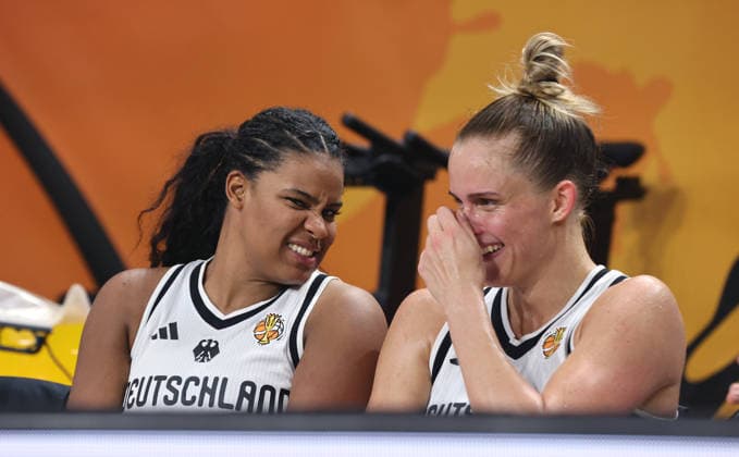 Nyara Sabally talks with Leonie Fiebich: Upper Body Workout, Basketball, FIBA World Cup, Women s World Championship, 2026-2027 Season, May 9, 2026, DBB, Germany (GER) vs. Japan (JPN)
