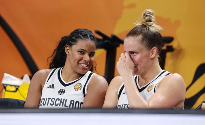 Nyara Sabally talks with Leonie Fiebich: Upper Body Workout, Basketball, FIBA World Cup, Women s World Championship, 2026-2027 Season, May 9, 2026, DBB, Germany (GER) vs. Japan (JPN)