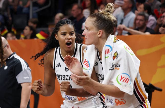 Nyara Sabally and Leonie Fiebich celebrate Action Upper Body Sports Basketball FIBA World Cup Women s World Championship Season 2026 2027 May 9, 2026 DBB Germany GER vs. Japan JPN
