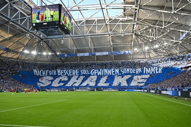 GELSENKIRCHEN, GERMANY; 05. SEPTEMBER: Fans from Schalke with a great Choreo before the Bundesliga Match between FC Schalke 04 vs. FC Bayern Munich at Matchday 2 at Veltins Arena DFL REGULATIONS PROHIBIT ANY USE OF PHOTOGRAPHS AS IMAGE SEQUENCES AND OR QUASI-VIDEO Copyright: xBEAUTIFULxSPORTS Goldbergx