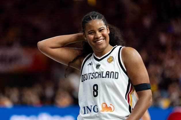 Nyara Sabally, Germany, 08, laughs, GER, Germany vs. Japan, Basketball, 2026 FIBA Women’s World Cup, Group Stage, Matchday 2, September 5, 2026, GER, Germany vs. Japan, Basketball, 2026 FIBA Women’s World Cup, Group Stage, Matchday 2, September 5, 2026, Berlin Copyright: xEibner-Pressefoto MaxxVincenx EP_MVN