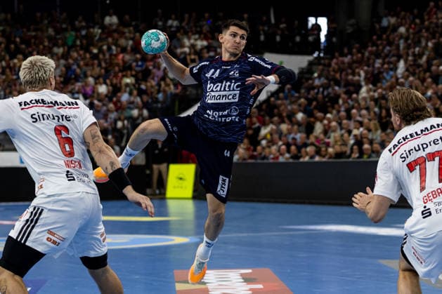 Opel HBL SG Flensburg Handewitt vs. HC Erlangen, September 5, 2026—Aymeric Minne, No. 44, SG Flensburg Handewitt on the attack. Opel HBL SG Flensburg Handewitt vs. HC Erlangen, GGW Arena, September 5, 2026 Copyright: xBEAUTIFULxSPORTS MarioxM.xKobergx