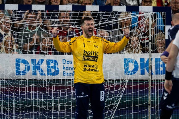 Opel HBL SG Flensburg Handewitt vs. HC Erlangen, September 5, 2026—Celebration as Benjamin Buric (No. 1) saves the ball, SG Flensburg Handewitt Opel HBL SG Flensburg Handewitt vs. HC Erlangen, GGW Arena, September 5, 2026 Copyright: xBEAUTIFULxSPORTS MarioxM.xKobergx