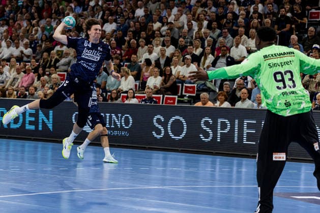 Opel HBL SG Flensburg Handewitt vs. HC Erlangen, September 5, 2026—Lasse Kjaer Moller, No. 64, SG Flensburg Handewitt on the attack. Opel HBL SG Flensburg Handewitt vs. HC Erlangen, GGW Arena, September 5, 2026 Copyright: xBEAUTIFULxSPORTS MarioxM.xKobergx