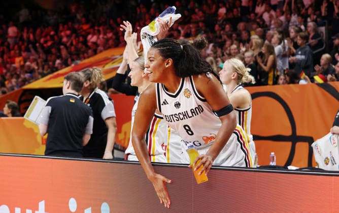 Nyara Sabally celebrates joy emotion celebration sports basketball FIBA World Cup Women s World Championship 2026-2027 season May 9, 2026 DBB Germany GER vs. Japan JPN