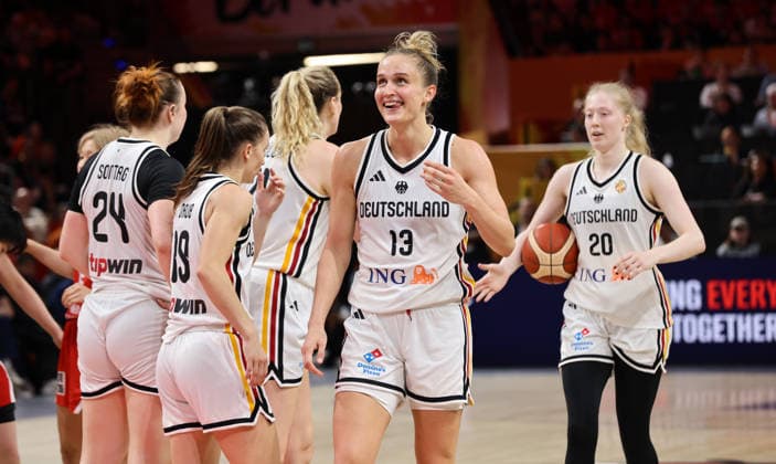 Lina Sontag, Britta Daub, Marie Guelich, Leonie Fiebich laughs and cheers, Frieda Bühner Sports Basketball FIBA World Cup Women s World Championship 2026-2027 Season May 9, 2026 DBB Germany GER vs. Japan JPN