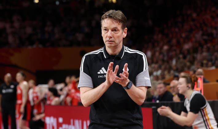 National Team Coach Olaf Lange applauds his team; Upper Body; Sports; Basketball; FIBA World Cup; World Championship; Women s World Cup; 2026-2027 Season; May 9, 2026; DBB; Germany (GER) vs. Japan (JPN)