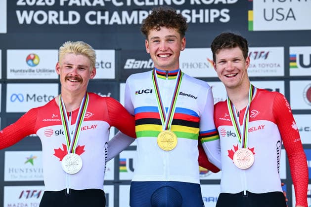 2026 UCI Para-cycling Road World Championships Picture by Olly Hassell SWpix.com - 05 09 2026 - Cycling - 2026 UCI Para-cycling Road World Championships - Huntsville, Alabama, United States of America - Men C3 Individual Time Trial (ITT) podium - Louis Hubert (France) wins the Gold Medal to become World Champion, Michael Sametz (Canada) receiving the Silver Medal and Alexandre Hayward (Canada) receiving the Bronze Medal Huntsville Cummings Research Park United States of America Copyright: x xSWpix.comx(t axPhotographyxHubxLtd)xOllyxHassell SWpix.comx SWP-3030-22640