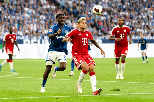 Deutschland: 1. Bundesliga 2026 2027, 2. Spieltag - FC Schalke 04 vs. FC Bayern München - 05.09.2026 - Veltins-Arena (Gelsenkirchen, Nordrhein-Westfalen) Luis Diaz (FC Bayern München, 14) Junior Dina Ebimbe (Schalke 04, 29) Zweikampf Duell *** Germany 1 Bundesliga 2026–2027, Matchday 2: FC Schalke 04 vs. FC Bayern Munich, September 5, 2026, Veltins Arena, Gelsenkirchen, North Rhine-Westphalia; Luis Díaz (FC Bayern Munich), 14; Junior Dina Ebimbe (Schalke 04), 29; Tackle, duel Copyright: xCelinaxLeiersx