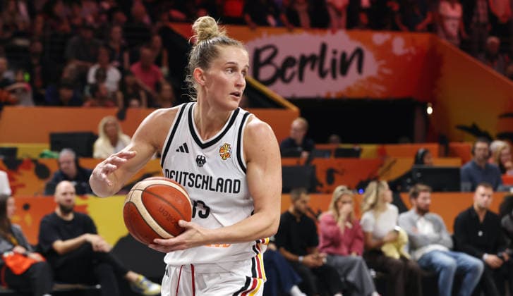 Leonie Fiebich on the Ball Action Upper Body Sports Basketball FIBA World Cup Women s World Championship 2026-2027 Season May 9, 2026 DBB Germany GER vs. Japan JPN
