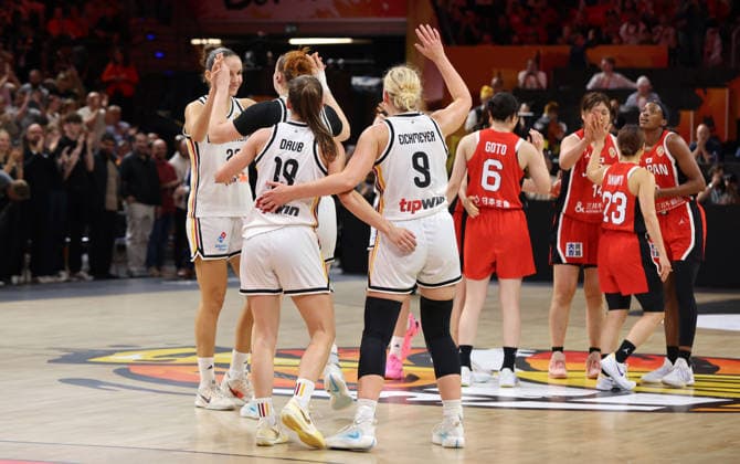 German team celebrates after the game Joy Emotion Sports Basketball FIBA World Cup Women s World Championship 2026-2027 season May 9, 2026 DBB Germany GER vs. Japan JPN