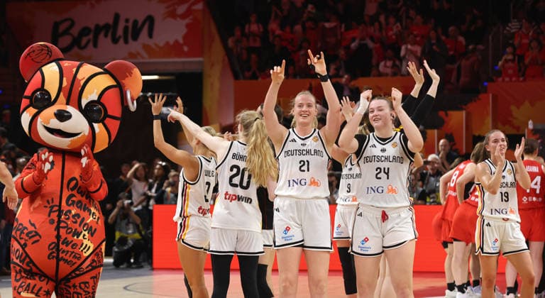 Frieda Bühnerd, Marie Guelich, Lina Sontag, German team celebrates after the game Joy Emotion Sports Basketball FIBA World Cup Women s World Championship 2026-2027 season May 9, 2026 DBB Germany GER vs. Japan JPN