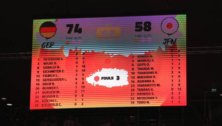 Scoreboard showing the final score: 74–58. Sport: Basketball. FIBA World Cup. Women s World Championship. Season: 2026–2027. May 9, 2026. DBB Germany (GER) vs. Japan (JPN)