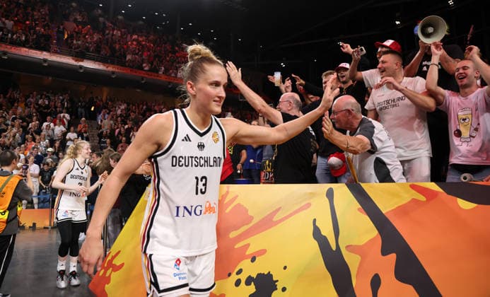 Leonie Fiebich, German team celebrates after the game Joy Emotion Sports Basketball FIBA World Cup Women s World Championship 2026-2027 season May 9, 2026 DBB Germany GER vs. Japan JPN