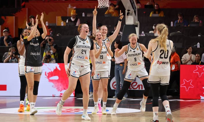 German team celebrates after the game Joy Emotion Sports Basketball FIBA World Cup Women s World Championship 2026-2027 season May 9, 2026 DBB Germany GER vs. Japan JPN
