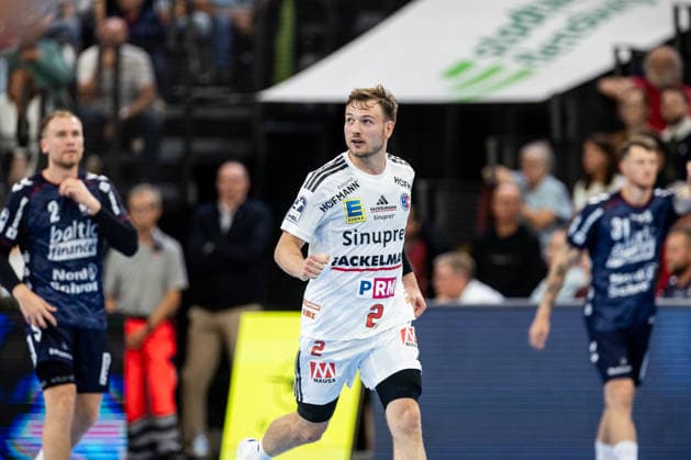 Opel HBL SG Flensburg Handewitt vs. HC Erlangen, September 5, 2026—Celebration: Frieder Bandlow (No. 02) celebrates a goal; HC Erlangen vs. Opel HBL SG Flensburg Handewitt, GGW Arena, September 5, 2026 Copyright: xBEAUTIFULxSPORTS MarioxM.xKobergx
