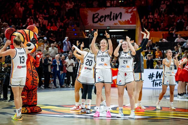 Basketball Berlin, September 5, 2026 FIBA Women’s Basketball World Cup Germany 2026 Preliminary Round Group Germany (GER) vs. Japan (JPN) Germany Celebrates Marie Gülich (Germany, No. 21) Lina Sontag (Germany, No. 24)