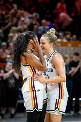 Basketball Berlin, September 5, 2026 FIBA Women’s Basketball World Cup Germany 2026 Preliminary Round Group Germany (GER) vs. Japan (JPN) Celebrations Germany Leonie Fiebich (Germany, No. 13) Nyara Sabally (Germany, No. 08)