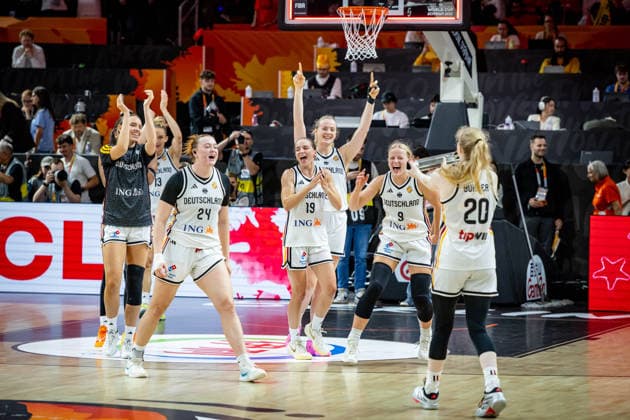 Basketball Berlin September 5, 2026 FIBA Women’s Basketball World Cup Germany 2026 Preliminary Round Group Germany GER Japan JPN Celebrations Germany Lina Sontag Germany, No. 24 Nyara Sabally Germany, No. 08 Leonie Fiebich Germany, No. 13 Britta Daub Germany, No. 19 Marie Gülich Germany, No. 21 Gulich Emma Eichmeyer Germany, No. 09 Frida Bühner Germany, No. 20