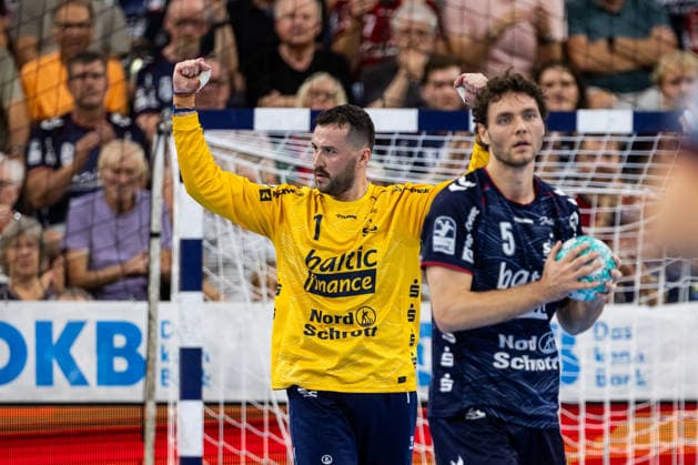 Opel HBL SG Flensburg Handewitt vs. HC Erlangen, September 5, 2026: Benjamin Buric (No. 1) celebrates after saving the ball; SG Flensburg Handewitt vs. HC Erlangen, GGW Arena, September 5, 2026 Copyright: xBEAUTIFULxSPORTS MarioxM.xKobergx