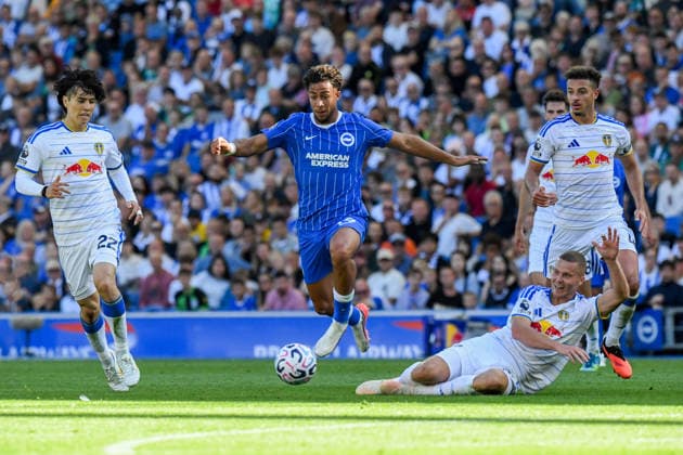 Brighton and Hove Albion v Leeds United, Premier League Charalampos Kostoulas Forward of Brighton and Hove Albion rides the challenge by Nico Elvedi Defender of Leeds United during the Premier League match between Brighton and Hove Albion and Leeds United at the American Express Stadium, Brighton and Hove, UK on 5 September 2026. Brighton and Hove American Express Stadium East Sussex UK Editorial use only DataCo restrictions apply See www.football-dataco.com , Copyright: xJeffxMoodx PSI-24837-0076