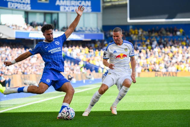 Brighton and Hove Albion v Leeds United, Premier League Charalampos Kostoulas Forward of Brighton and Hove Albion and Nico Elvedi Defender of Leeds United in action during the Premier League match between Brighton and Hove Albion and Leeds United at the American Express Stadium, Brighton and Hove, UK on 5 September 2026. Brighton and Hove American Express Stadium East Sussex UK Editorial use only DataCo restrictions apply See www.football-dataco.com , Copyright: xJeffxMoodx PSI-24837-0099