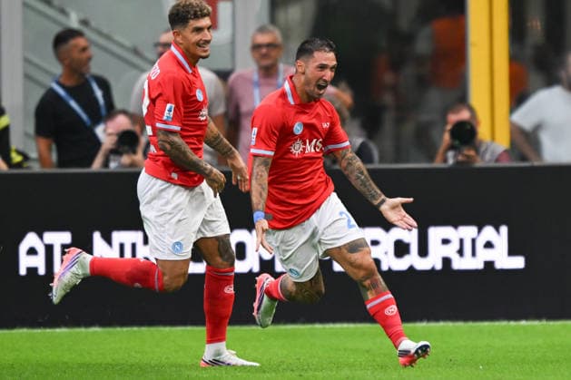 IPA88157636 - Matteo Politano of SSC Napoli celebrates after scoring a goal during the Italian Serie A soccer match between Inter FC and SSC Napoli on September 5, 2026, at the Giuseppe Meazza San Siro Stadium in Milan, Italy. Photo by Tiziano Ballabio  Copyright: xTizianoxBallabio IPAxSportx xx 88157636