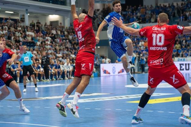 Alex Dujshebaev, backcourt, VfL Gummersbach 10, Dainis Kriötopans, backcourt, MT Melsungen 10, Adrian Sipos, pivot, MT Melsungen 8, VfL Gummersbach vs. MT Melsungen, Opel Handball Bundesliga, Men, Matchday 3, September 5, 2026, Gummersbach, North Rhine-Westphalia, Germany Copyright: xkolbert-press MartinxWdziecznyx
