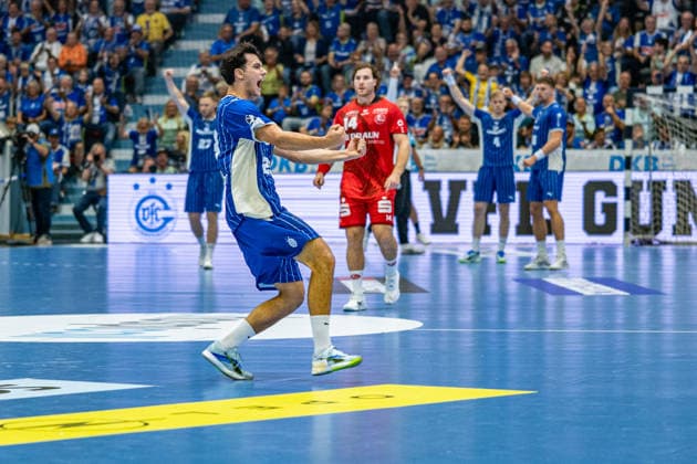 Opel Handball Bundesliga, VfL Gummersbach vs. MT Melsungen, September 5, 2026: Nikola Roganovic (VfL Gummersbach, No. 23) celebrates a goal. Opel Handball Bundesliga, VfL Gummersbach vs. MT Melsungen, September 5, 2026 Copyright: xBEAUTIFULxSPORTS Erlhofx