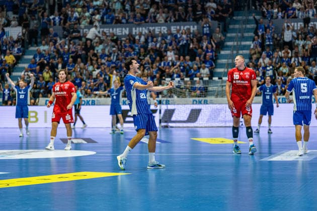 Opel Handball Bundesliga, VfL Gummersbach vs. MT Melsungen, September 5, 2026 Nikola Roganovic, VfL Gummersbach, No. 23, celebrating a goal; Opel Handball Bundesliga, VfL Gummersbach vs. MT Melsungen, September 5, 2026 Copyright: xBEAUTIFULxSPORTS Erlhofx