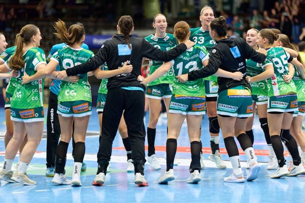 Joy and celebration among the Frisch Auf Goeppingen team after their narrow 29–28 victory: FRISCH AUF Goeppingen vs. BSV Sachsen Zwickau, Handball, ALSCO Women’s Handball Bundesliga, Matchday 2, 2026–2027 season, September 5, 2026, FRISCH AUF Goeppingen vs. BSV Sachsen Zwickau, Handball, ALSCO Women’s Handball Bundesliga, Matchday 2, 2026–2027 season, September 5, 2026, Goeppingen Copyright: xEibner-Pressefoto GeraldxOelze-dexStoppanyx EP_ODS