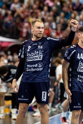 Opel HBL SG Flensburg Handewitt vs. HC Erlangen, September 5, 2026: Cheers and goal celebrations for Simon Pytlick, No. 02, SG Flensburg Handewitt; Opel HBL SG Flensburg Handewitt vs. HC Erlangen, GGW Arena, September 5, 2026 Copyright: xBEAUTIFULxSPORTS MarioxM.xKobergx