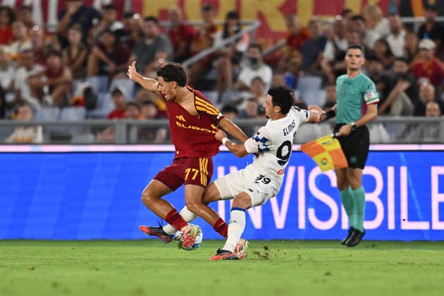 IPA88162663 - Emanuele Lulli of A.S. Roma and Eljif Elmas of Atalanta B.C. are in action during Matchday 3 of the Serie A Championship between A.S. Roma and Atalanta B.C. at the Olympic Stadium on September 5, 2026, in Rome, Italy.  Copyright: xDomenicoxCippitelli IPAxSportx xx 88162663