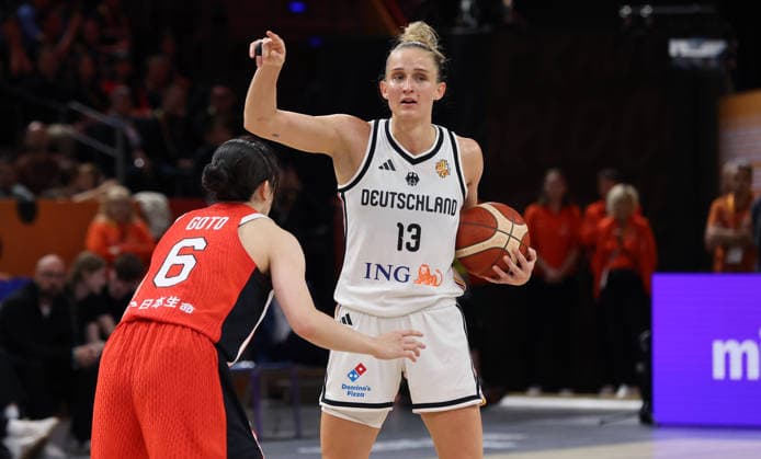 Otoha Goto and Leonie Fiebich with the ball, showing a one-on-one matchup, game scene, action, sports, basketball, FIBA World Cup, Women s World Championship, 2026-2027 season, May 9, 2026, DBB, Germany (GER) vs. Japan (JPN)