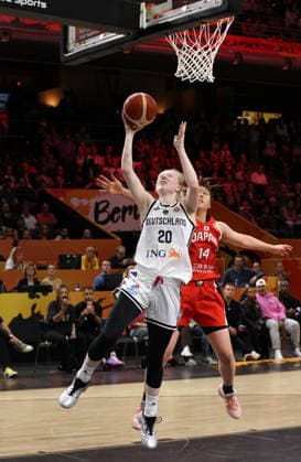 Frieda Bühner with the ball, Azusa Asahina, one-on-one, game action, sports, basketball, FIBA World Cup, Women s World Championship, 2026-2027 season, May 9, 2026, DBB, Germany (GER) vs. Japan (JPN)