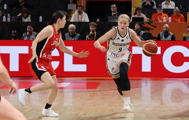 Norika Konno, Emma Eichmeyer on the ball, one-on-one, game scene, action, sports, basketball, FIBA World Cup, World Championship, Women s World Cup, 2026-2027 season, May 9, 2026, DBB, Germany (GER) vs. Japan (JPN)