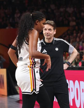 National Team Coach Olaf Lange talks with Nyara Sabally; Action; Upper Body; Sports; Basketball; FIBA World Cup; World Championship; Women s World Cup; 2026-2027 Season; May 9, 2026; DBB; Germany (GER) vs. Japan (JPN)