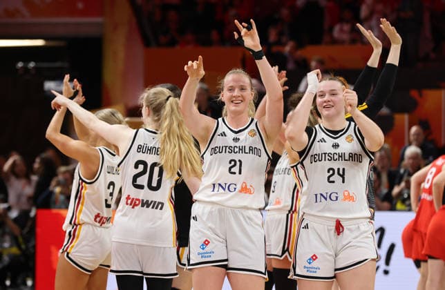 Frieda Bühner, Marie Guelich, and Lina Sontag celebrate after the game Joy Emotion Sports Basketball FIBA World Cup Women s World Championship 2026-2027 Season May 9, 2026 DBB Germany GER vs. Japan JPN