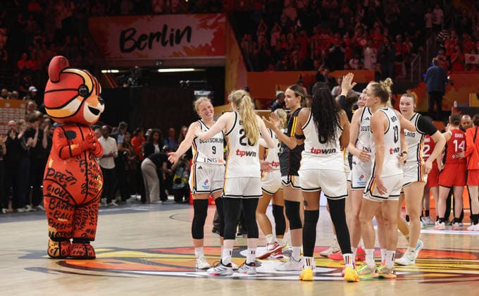 German team celebrates after the game Joy Emotion Sports Basketball FIBA World Cup Women s World Championship 2026-2027 season May 9, 2026 DBB Germany GER vs. Japan JPN