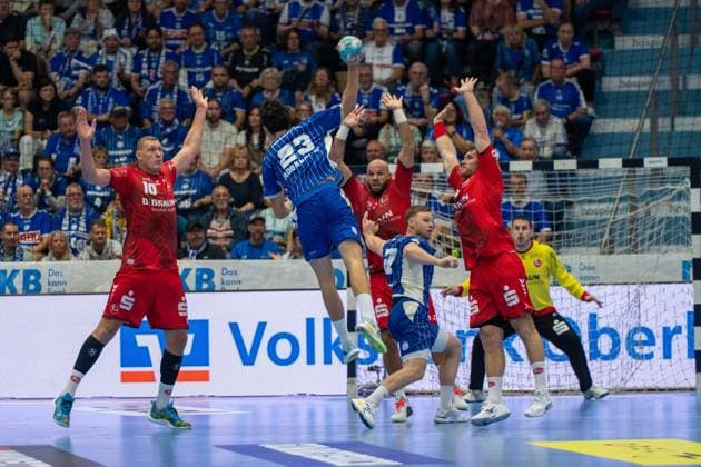 Nicola Roganovic, backcourt, VfL Gummersbach 23, Dainis Kriötopans, backcourt, MT Melsungen 10, Johannes Golla, pivot, MT Melsungen 14, VfL Gummersbach vs. MT Melsungen, Opel Handball Bundesliga, Men, Matchday 3, September 5, 2026, Gummersbach, North Rhine-Westphalia, Germany Copyright: xkolbert-press MartinxWdziecznyx