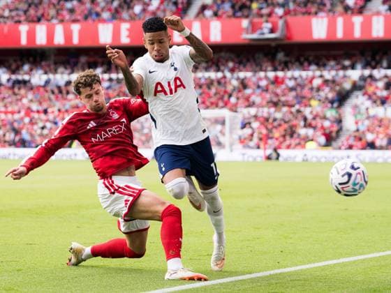 Savio of Tottenham Hotspur is challenged by Neco Williams of Nottingham Forest Nottingham Forest v Tottenham Hotspur, Premier League, Football, The City Ground, Nottingham, UK - 05 Sep 2026Nottingham The City Ground United Kingdom EDITORIAL USE ONLY No use with unauthorised audio, video, data, fixture lists, club league logos or live services. Online in-match use limited to 120 images, no video emulation. No use in betting, games or single club league player publications.  Copyright: xWiredxPhotos Shutterstockx 17135903jh