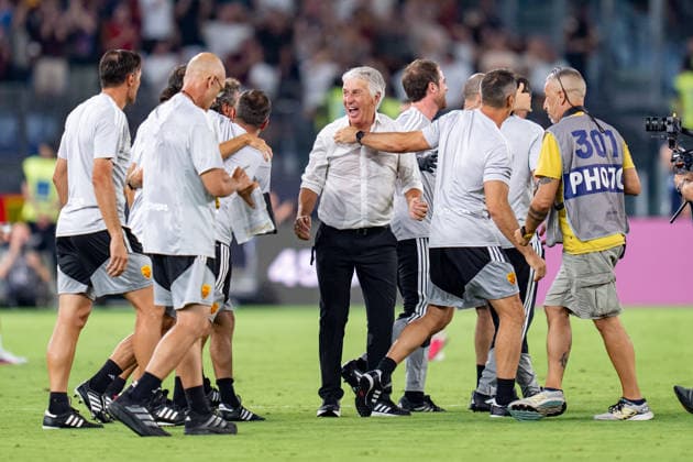 AS Roma v Atalanta BC - Serie A Enilive Gian Piero Gasperini Head Coach of AS Roma celebrates the victory during the Serie A Enilive match between AS Roma and Atalanta BC at Olympic Stadium on September 5, 2026 in Rome, Italy Rome Olympic Stadium Lazio Italy Copyright: xGiuseppexMaffiax 20260905_224130_SerieA_Roma-Atalanta_LIA06374