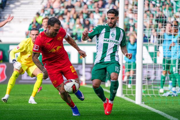 David Raum (RB Leipzig, 22), Ludovit Reis (Werder Bremen, 15) Zweikampf, Deutschland: Fussball, Bundesliga, Saison 2026 27, 2. Spieltag, 05.09.2026, Werder Bremen vs RB Leipzig, Weserstadion (Bremen) *** David Raum, RB Leipzig, 22; Ludovit Reis, Werder Bremen, 15; Tackle; German Soccer; Bundesliga; 2026–27 Season; Matchday 2; September 5, 2026; Werder Bremen vs. RB Leipzig; Weserstadion, Bremen Copyright: xLeonxFrickx
