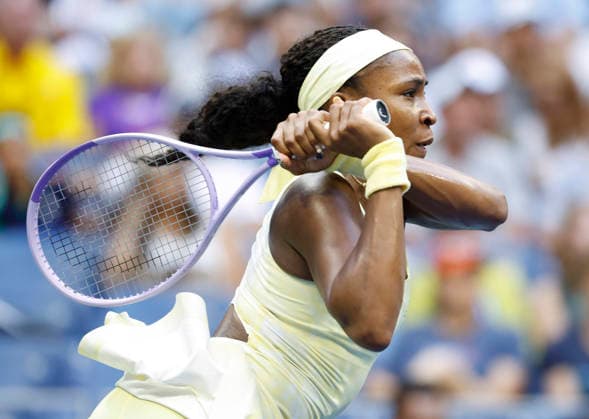 Coco Gauff returns a ball to Cristina Bucsa of Spain before defeating her in straight sets in Arthur Ashe Stadium in the 3rd round at the 2026 US Open Tennis Championship at the USTA Billie Jean King National Tennis Center in New York City on Saturday, September 5, 2026.  NYP20260905104 JOHNxANGELILLO