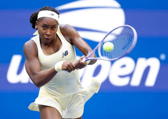 Coco Gauff returns a ball to Cristina Bucsa of Spain before defeating her in straight sets in Arthur Ashe Stadium in the 3rd round at the 2026 US Open Tennis Championship at the USTA Billie Jean King National Tennis Center in New York City on Saturday, September 5, 2026.  NYP20260905101 JOHNxANGELILLO