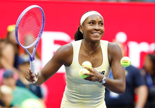 Coco Gauff celebrates after match point defeating Cristina Bucsa of Spain in straight sets in Arthur Ashe Stadium in the 3rd round at the 2026 US Open Tennis Championship at the USTA Billie Jean King National Tennis Center in New York City on Saturday, September 5, 2026.  NYP20260905106 JOHNxANGELILLO