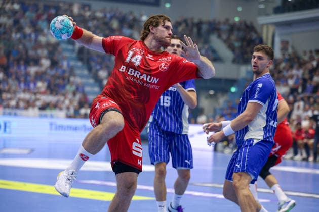 September 5, 2026, xsefx, Handball, 1st HBL, VfL Gummersbach vs. MT Melsungen, 2026–2027 Men’s Season, Schwalbe Arena, Johannes Golla, MT Melsungen 14 on a shot, North Rhine-Westphalia, Germany