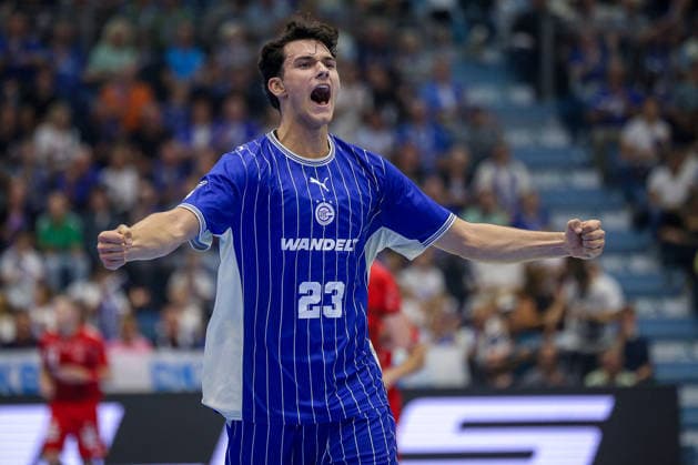 September 5, 2026, xsefx, Handball, 1st HBL, VfL Gummersbach vs. MT Melsungen, 2026–2027 Men’s Season, Schwalbe Arena: Nikola Roganovic of VfL Gummersbach, No. 23, celebrates after scoring a goal in North Rhine-Westphalia, Germany